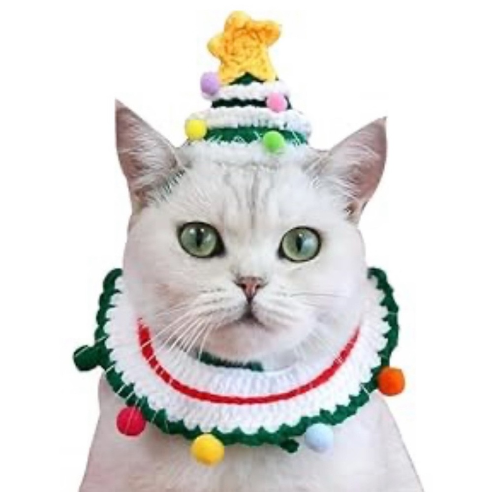💞 New Festive Christmas Tree Cat & Dog Crocheted Costume Hat & Collar Set